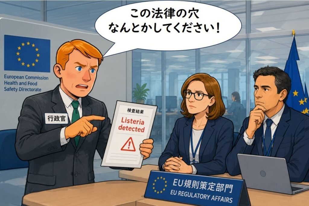 行政官がリステリア菌検出結果を示し、EU規則の空白を埋める対応を規制策定部門に求めているイラスト
