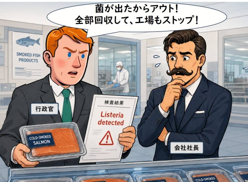 リステリア菌検出を受け、行政官が冷燻サーモンの回収と工場停止を会社側に命じているイラスト