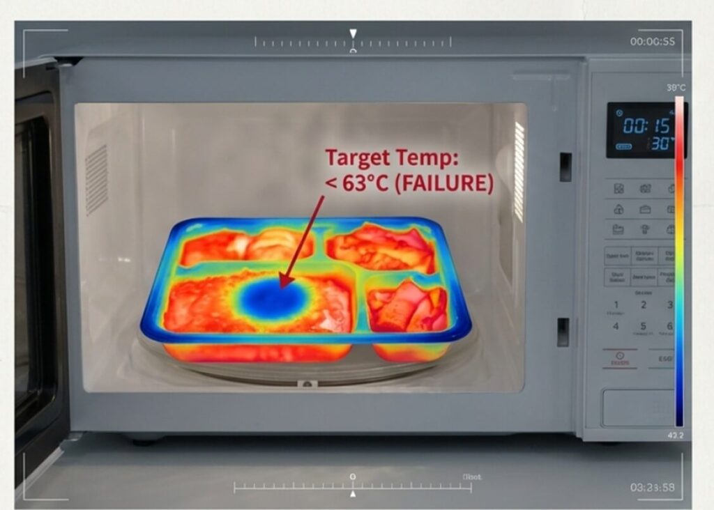 電子レンジ加熱でコールドスポットが63℃未満となる様子を示したサーモグラフィー画像