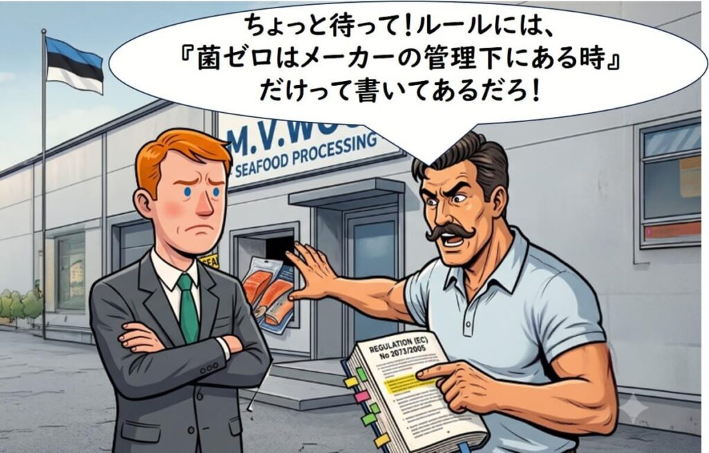 M.V.WOOL社前で会社側がEU規則の文言を根拠に、25g中不検出基準の適用範囲に反論しているイラスト