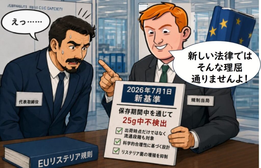 2026年7月1日の新基準により、保存期間中を通じた25g中不検出やリステリア菌の増殖抑制が求められることを説明しているイラスト