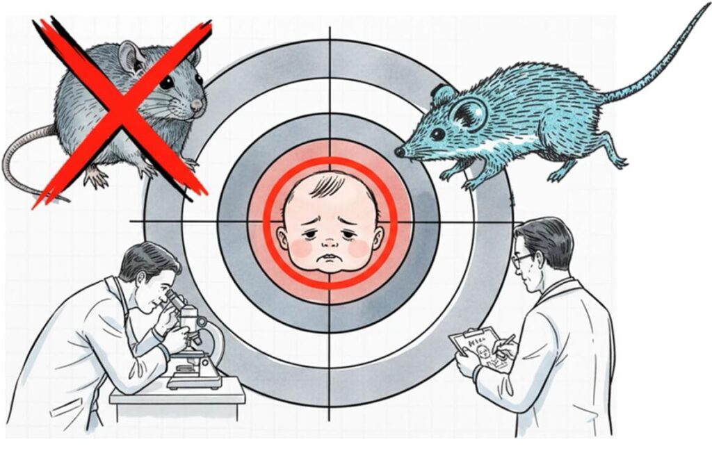 嘔吐反射を持つジャコウネズミの実験データを用いて乳児のセレウリド毒性リスクを評価するイメージ