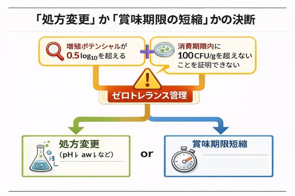 増殖ポテンシャルと基準未証明の条件からゼロトレランス管理となり処方変更か賞味期限短縮を選択する判断フロー図