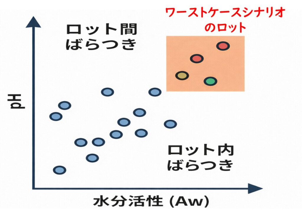 ロット間およびロット内のばらつきからワーストケースとなるロットを特定する図