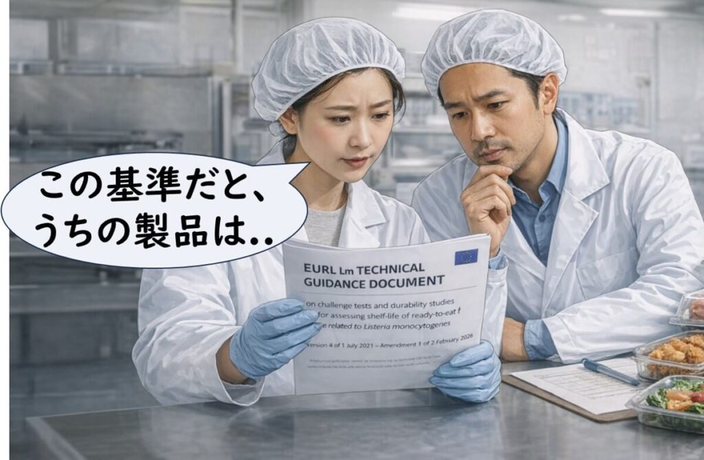 品質管理担当者がリステリアガイドラインを確認し自社製品への影響を検討している様子