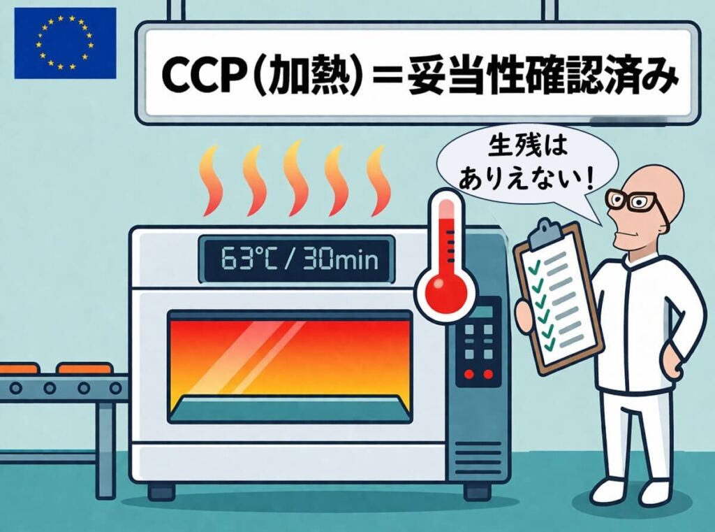 EUでは加熱CCPの妥当性確認によりサルモネラは工程で確実に死滅させることを示すイラスト
