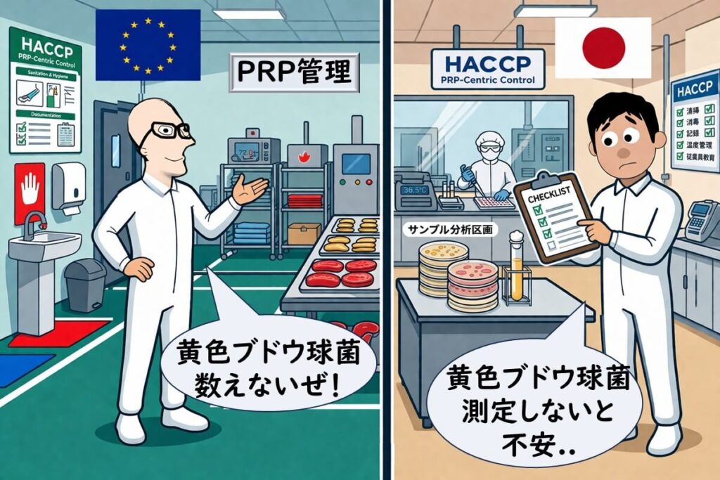 EUは黄色ブドウ球菌をPRP中心で管理し製品規格では追わない一方、日本はHACCPの中でも最終製品で黄色ブドウ球菌を測定して確認しようとする違いを対比した図