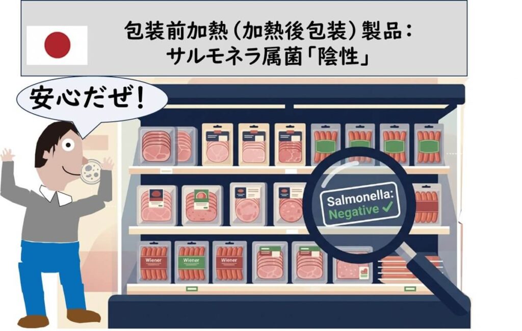加熱食肉製品の売り場でサルモネラ陰性を確認し安心している様子を示すイラスト