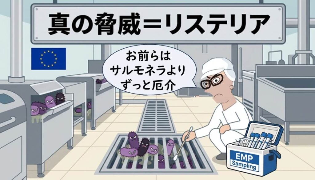 食肉工場の排水溝や設備にリステリアが定着し環境由来の再汚染リスクが高いことを示すイラスト