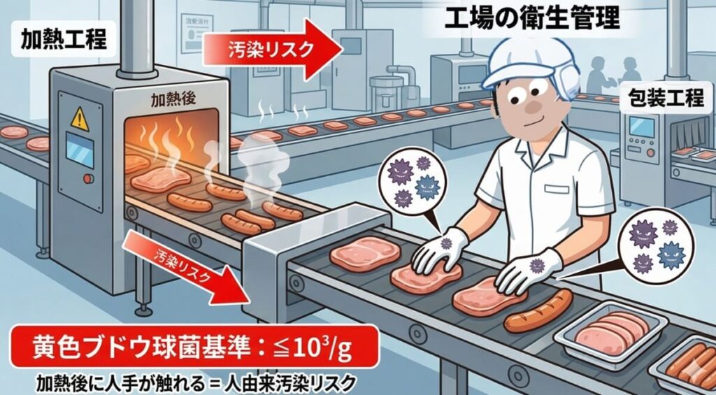 加熱工程後の食肉製品に作業者の手が触れることで黄色ブドウ球菌による人由来汚染リスクが生じ、日本では包装前加熱殺菌製品に10³/g以下の基準が設けられていることを示す図