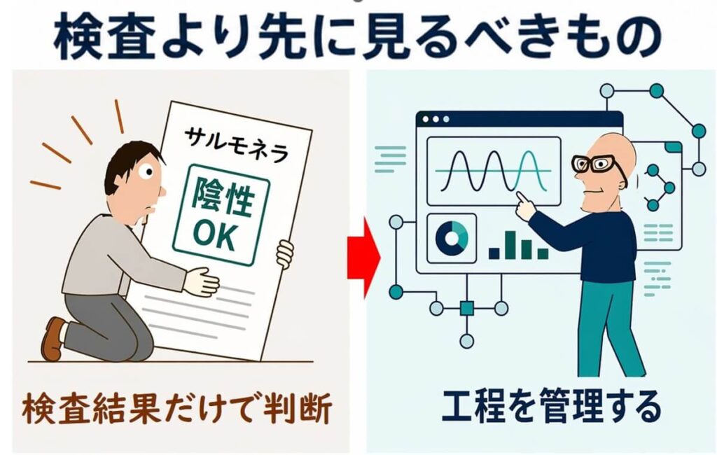 サルモネラ陰性の検査結果だけで判断せず、原料の由来や乾燥・粉砕・保管などの工程管理を確認する重要性を示すイラスト。