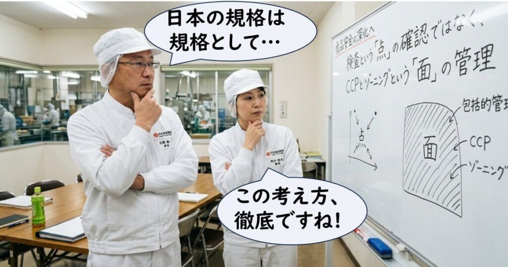 ホワイトボードに「検査という点ではなくCCPとゾーニングという面の管理」と書かれた前で日本の品質管理担当者2人が考え込む様子