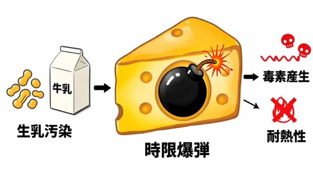 生乳由来の黄色ブドウ球菌がチーズの熟成中に増殖して毒素を産生し、毒素は耐熱性のため加熱しても無害化しにくいことを時限爆弾にたとえて示した図