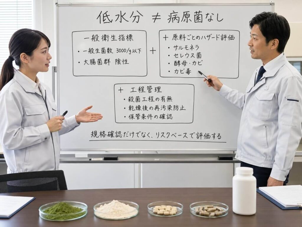 低水分の粉末サプリメントでも病原菌が存在しうるため、一般衛生指標に加えて原料ごとのハザード評価と工程管理を行う重要性を説明するイラスト。
