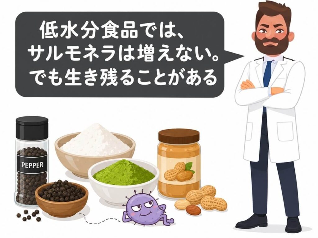 低水分食品ではサルモネラは増えにくい一方で、生き残ることがあると説明する専門家のイラスト。