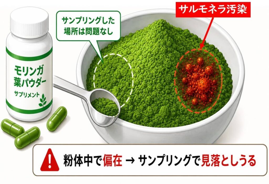 モリンガ葉パウダーの一部にサルモネラ汚染が偏在し、サンプリング検査では見落とす可能性があることを示すイラスト。