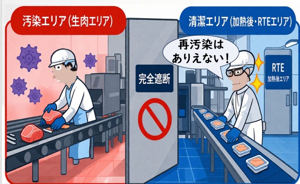 食肉工場における汚染エリアと清潔エリアを物理的に遮断し再汚染を防ぐゾーニングを示すイラスト