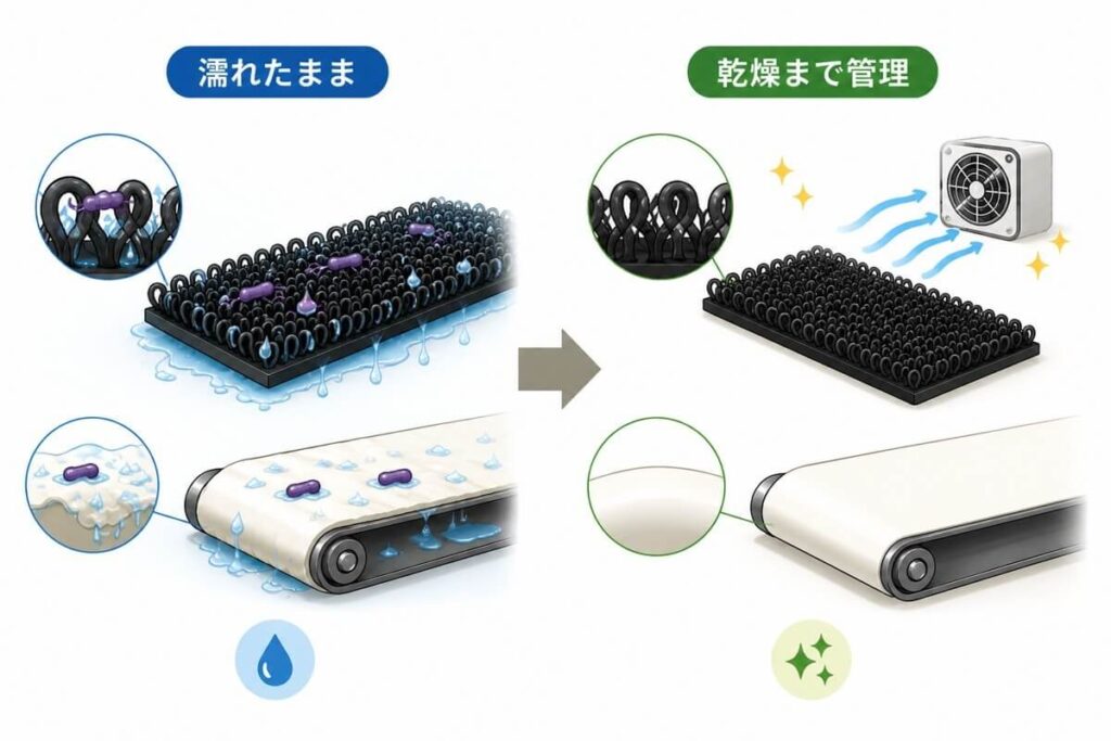 濡れた面ファスナーやコンベアベルトではリステリアが残りやすく、洗浄後に乾燥まで管理することが重要であることを示した図。