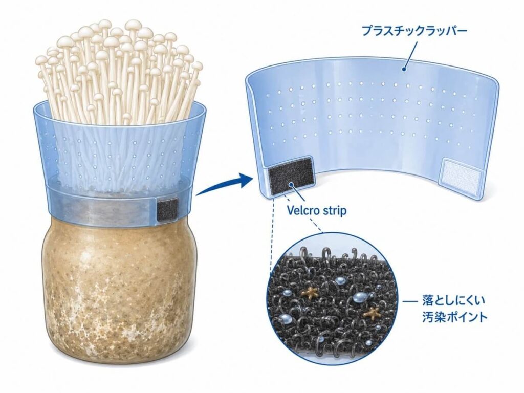 エノキ茸のボトル栽培で使うプラスチックラッパーと面ファスナー部分が、汚れや水分が残りやすい汚染ポイントになり得ることを示した図。
