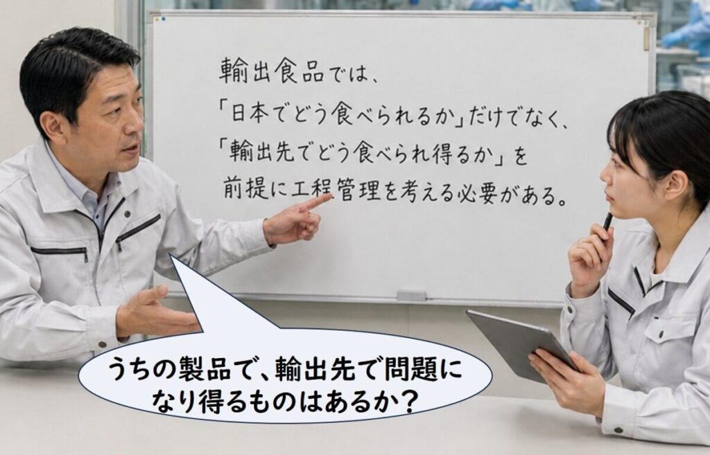 輸出食品では日本での食べ方だけでなく、輸出先でどう食べられる可能性があるかを前提に工程管理を考える必要があることを示した図。
