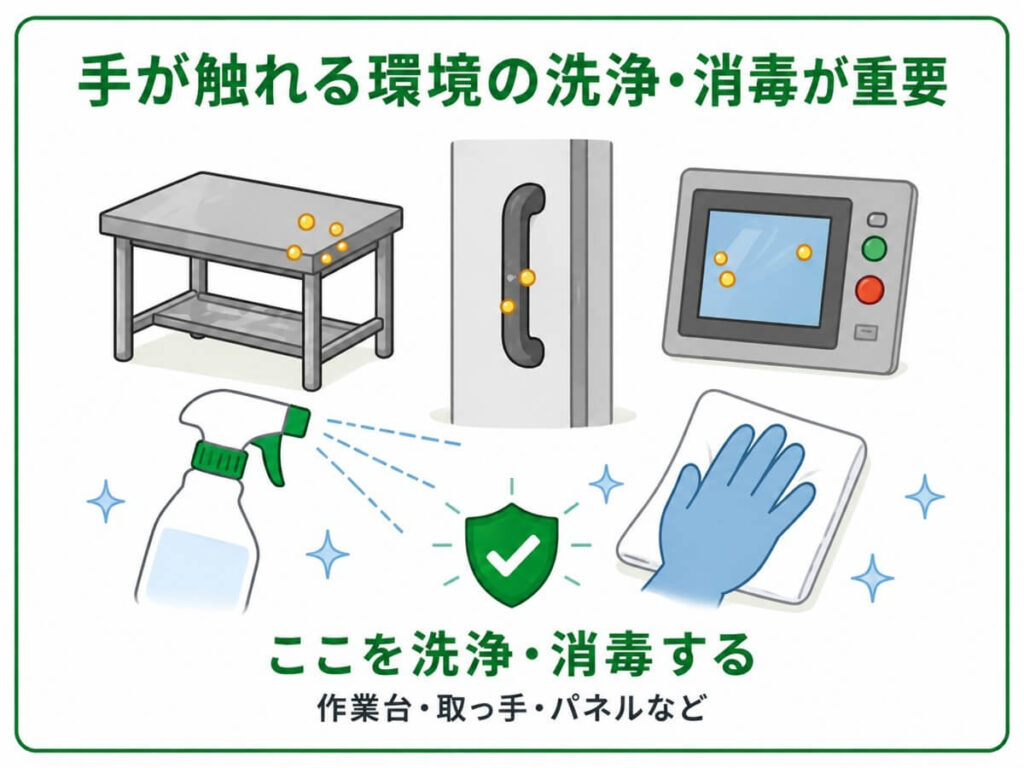 作業台、取っ手、操作パネルなど手が触れる環境表面を洗浄・消毒し、間接汚染を防ぐ重要性を示す図