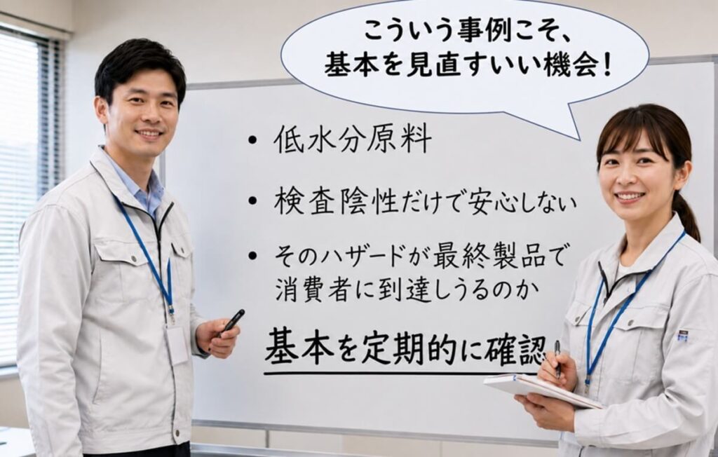 低水分原料の管理、検査陰性だけに頼らない判断、ロット単位の追跡など、食品安全の基本を定期的に確認する重要性を示すイメージ。