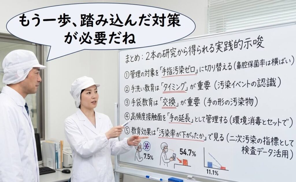 食品工場の担当者が、手指汚染ゼロへの管理転換や手洗いのタイミング、手袋交換、高頻度接触面の管理、汚染率による教育効果の確認といった実践的対策を確認している場面