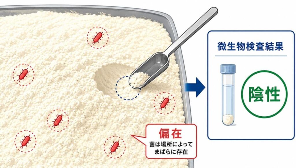 粉体原料ではサルモネラ汚染が偏在することがあり、一部のサンプル検査で陰性でも安全とは限らないことを示す図。