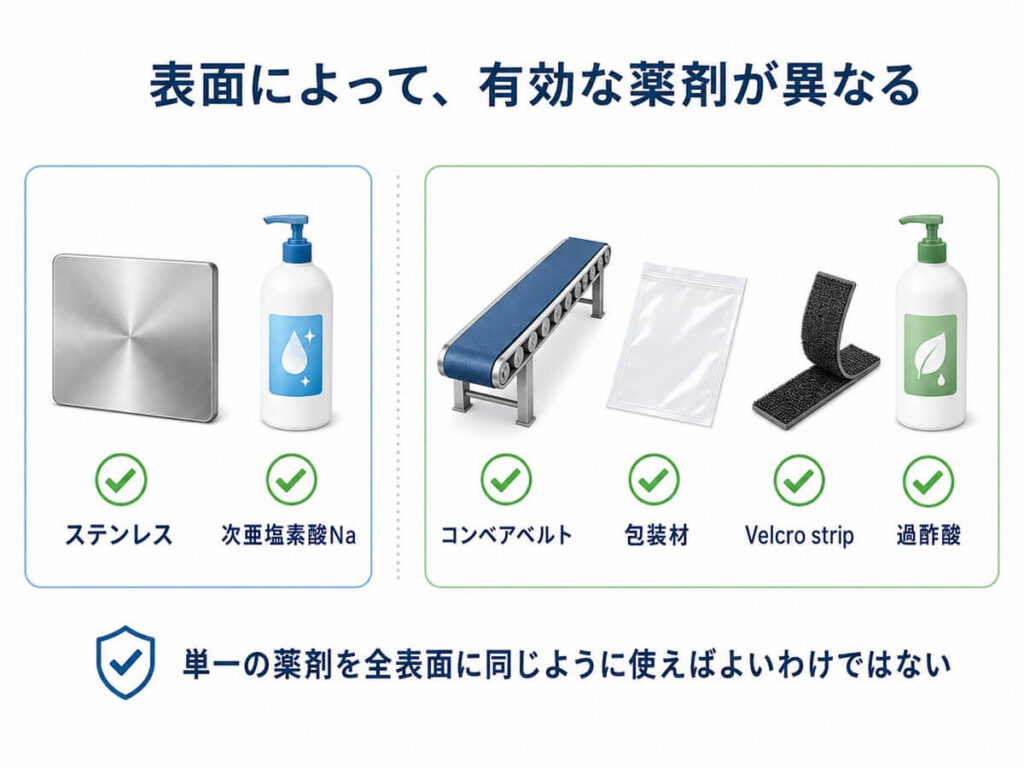 エノキ茸加工施設では、ステンレス、コンベアベルト、包装材、面ファスナーなど表面の材質によって有効な殺菌剤が異なることを示した図。