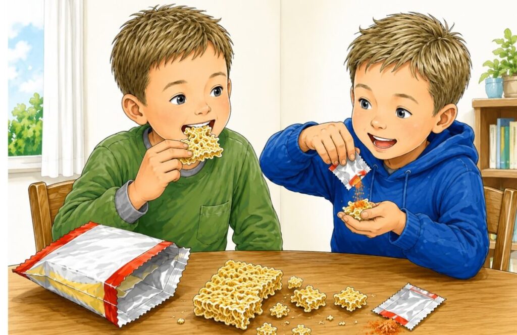 子どもがインスタントラーメンを熱湯で調理せず、乾燥麺と粉末調味料をそのまま食べている様子。