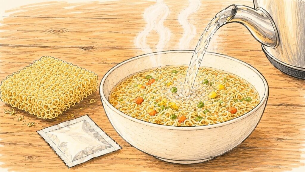 インスタントラーメンに熱湯を注いで調理している様子。加熱調理を前提とする食品であることを示している。