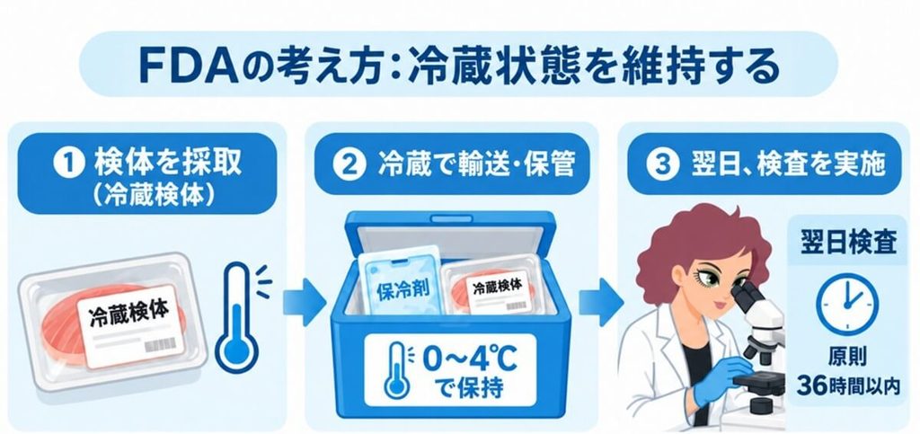FDAの考え方として、冷蔵検体を採取後0~4℃で輸送・保管し、原則36時間以内に翌日検査する流れを示した図