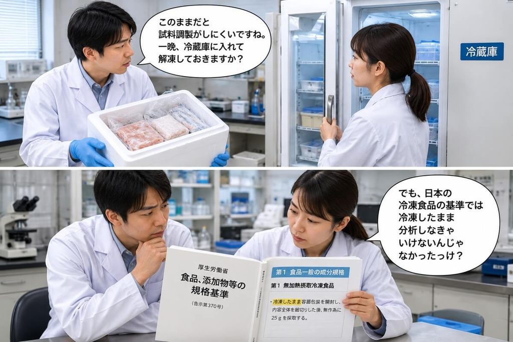 冷凍食品を一晩冷蔵解凍してから微生物検査してよいか、日本の規格基準を確認しながら相談する検査担当者。
