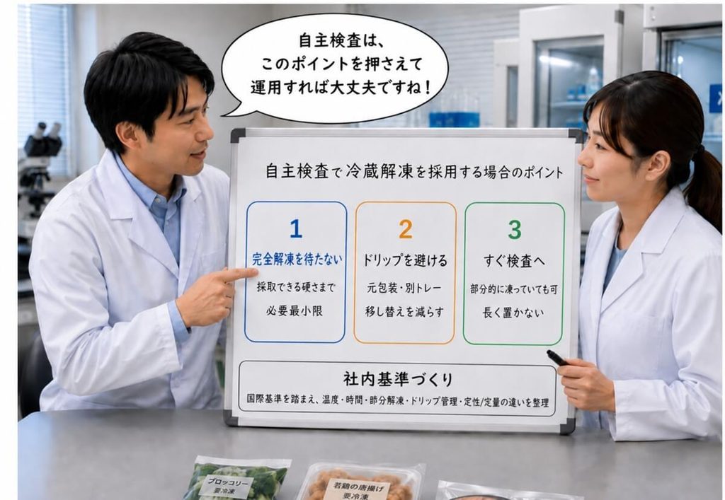 冷凍食品の自主検査で冷蔵解凍を採用する際の留意点。完全解凍を待たず、採取できる硬さになったら、ドリップによる汚染を防ぎながら速やかに検査する。