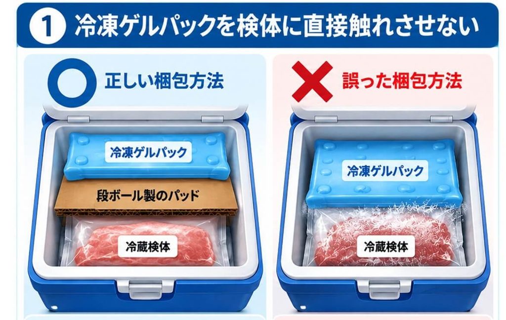 冷凍ゲルパックを冷蔵検体に直接触れさせず、段ボール製のパッドを挟んで部分凍結を防ぐ正しい梱包方法を示した図