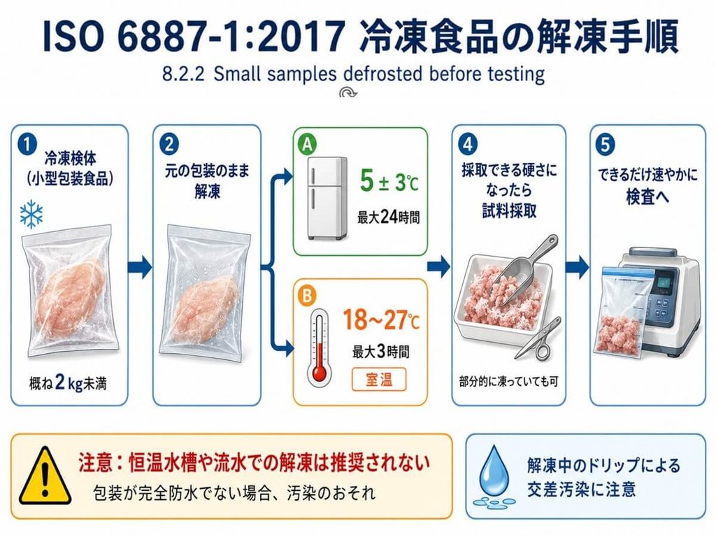 ISO 6887-1:2017に基づく小型包装冷凍食品の解凍手順。元の包装のまま5±3℃で最大24時間、または18～27℃で最大3時間置き、採取できる硬さになったら速やかに検査する。ドリップによる交差汚染に注意する。