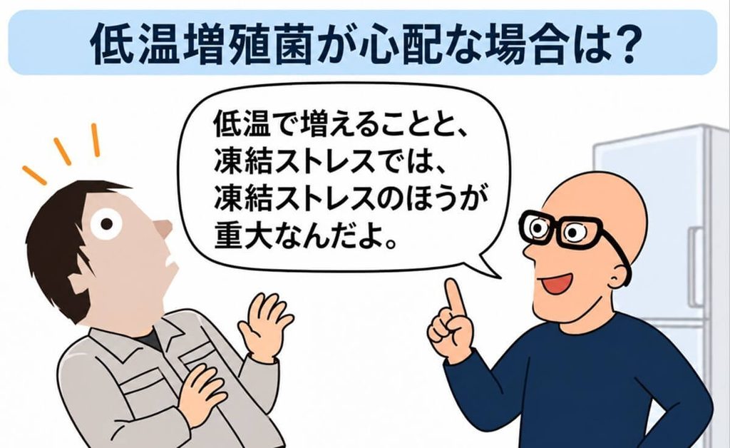低温増殖菌は冷蔵中に増殖できても、凍結ストレスによって損傷する可能性があり、冷蔵で増える性質と凍結への耐性は別であることを示した図