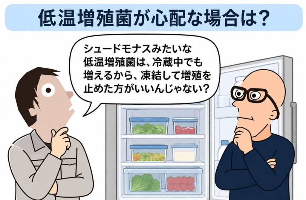 シュードモナスなどの低温増殖菌は冷蔵中でも増えるため、検体を凍結して増殖を止めた方がよいのではないかという疑問を示した図