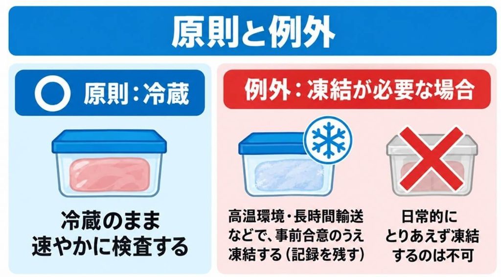 冷蔵検体は冷蔵のまま速やかに検査するのが原則であり、高温環境や長時間輸送などで凍結が必要な場合のみ、事前合意と記録のうえで例外的に扱うことを示した図