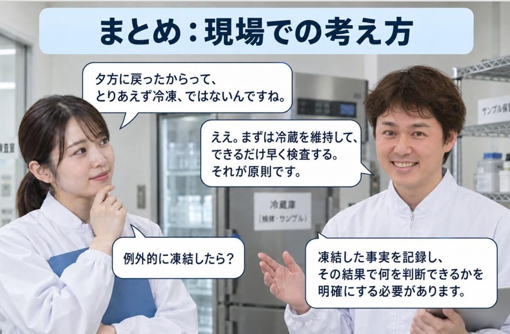 冷蔵検体は夕方に持ち帰っても安易に凍結せず、冷蔵状態を維持してできるだけ早く検査し、例外的に凍結した場合はその事実を記録して結果の用途を明確にするという現場での考え方を示した図