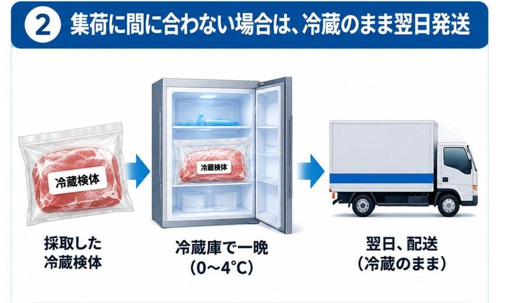 採取した冷蔵検体を0~4℃で一晩冷蔵保管し、凍結せず翌日に冷蔵状態のまま配送する流れを示した図