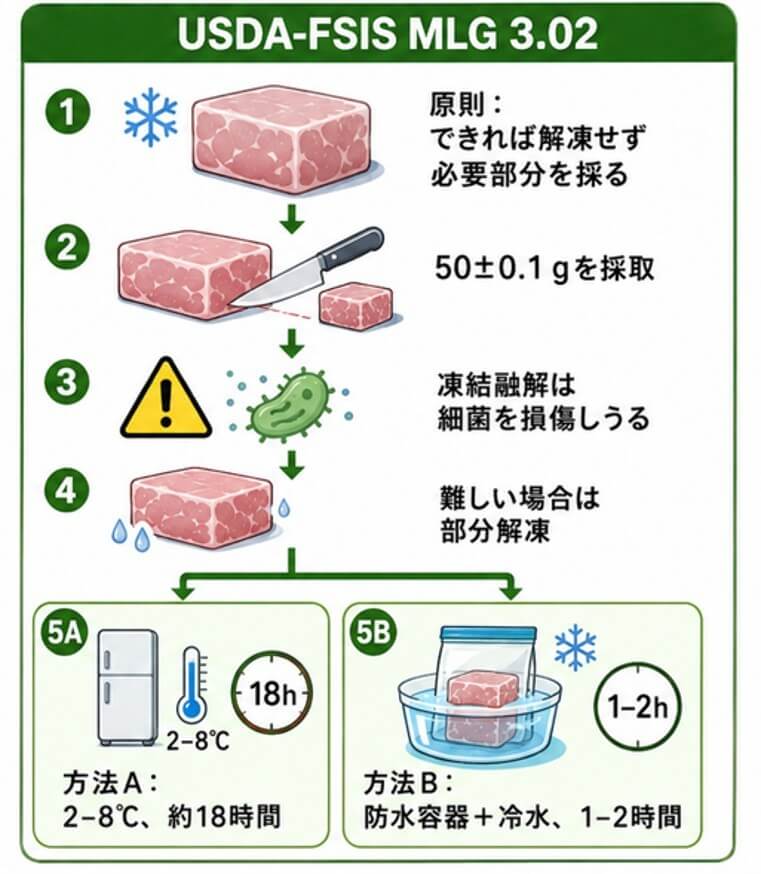 USDA-FSIS MLG 3.02に基づく冷凍試料の取扱い。可能なら凍結したまま50±0.1 gを採取し、困難な場合は2～8℃で約18時間、または防水容器に入れて冷水中で1～2時間、採取できる程度まで解凍する。