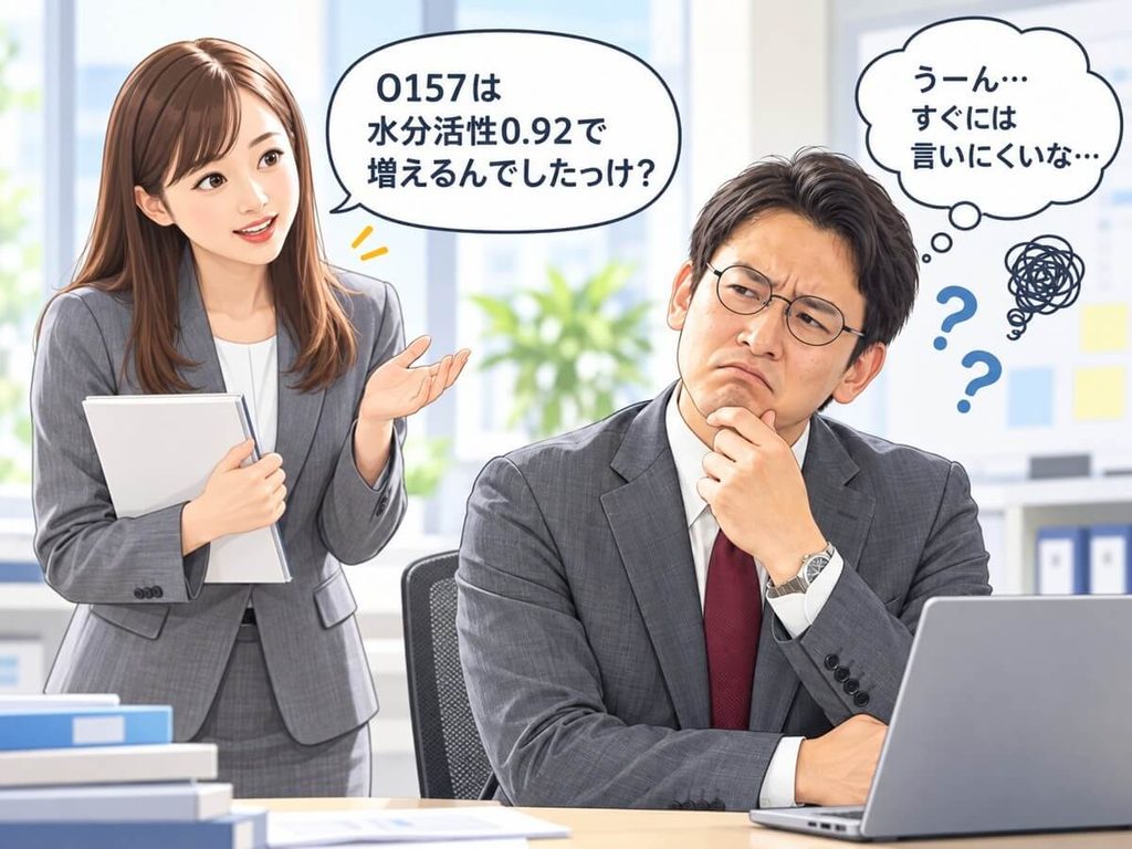 水分活性0.92で大腸菌O157が増殖するか迷う食品会社の担当者を描いたイラスト