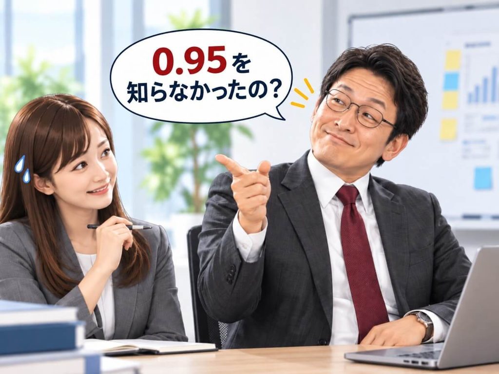 水分活性0.95を重要な目安として覚えるよう促す食品会社の担当者と、それを聞く女性社員