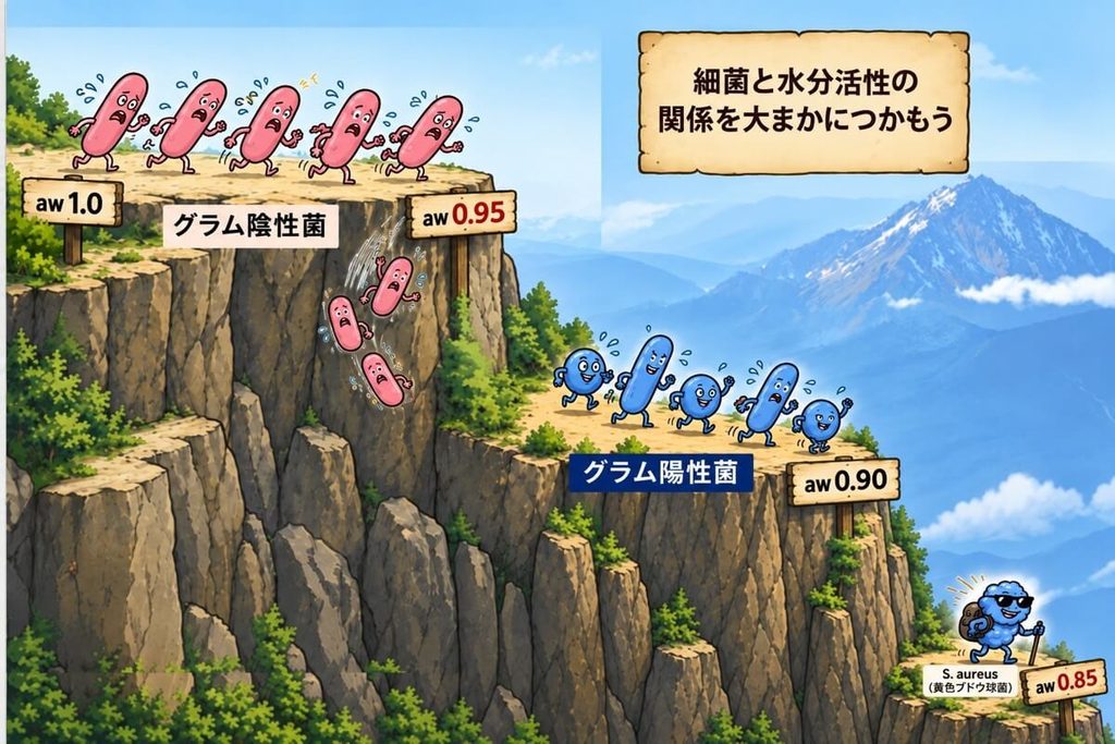 水分活性が1.0から0.95、0.90、0.85へ下がるにつれて、グラム陰性菌からグラム陽性菌、黄色ブドウ球菌へと増殖可能な菌が変化する様子を崖で表したイラスト