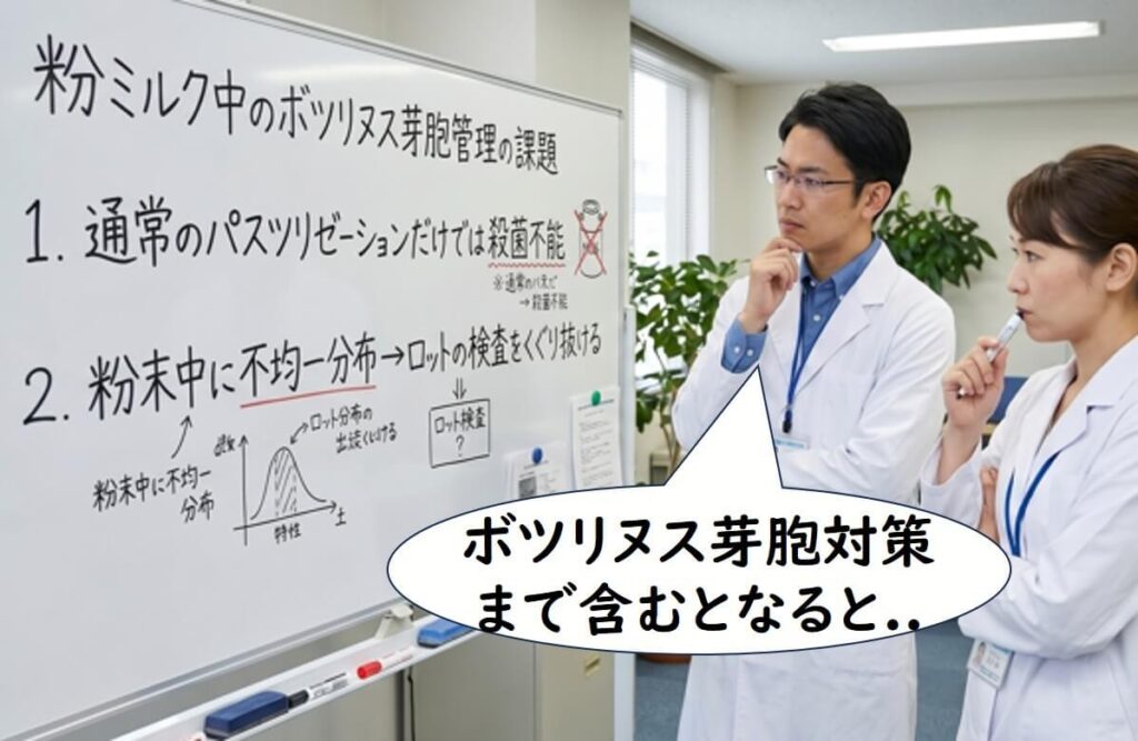 粉ミルク中のボツリヌス芽胞管理では、通常のパスツリゼーションで殺菌できないことや粉末中で不均一に分布することが課題になると説明する場面。