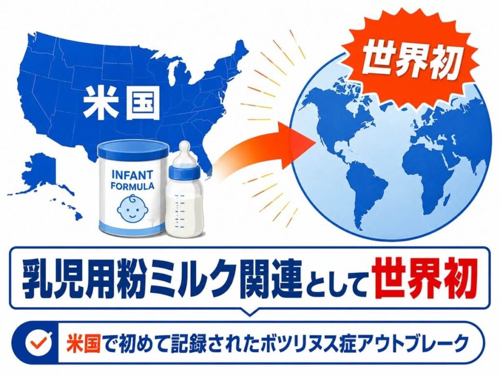 米国で初めて記録された乳児用粉ミルク関連のボツリヌス症アウトブレークが、世界初の事例として報じられたことを示す図。