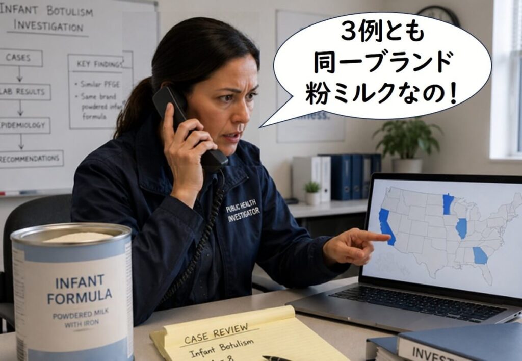 乳児ボツリヌス症の調査で、3例の乳児が同一ブランドの粉ミルクを摂取していたことに調査員が気づいた場面を示すイラスト。