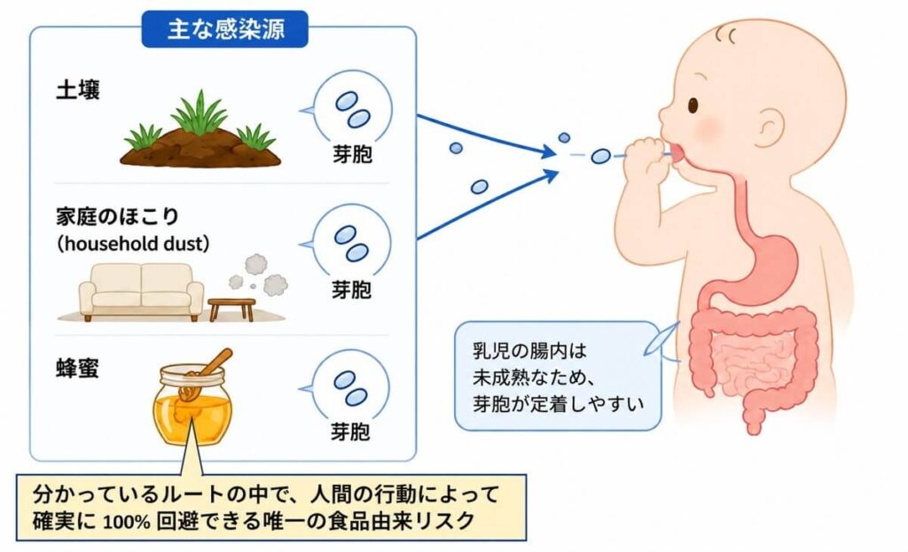 乳児ボツリヌス症の主な感染源として、土壌、家庭のほこり、蜂蜜に含まれる芽胞が乳児の口から入り、未成熟な腸内で定着しやすいことを示した図。