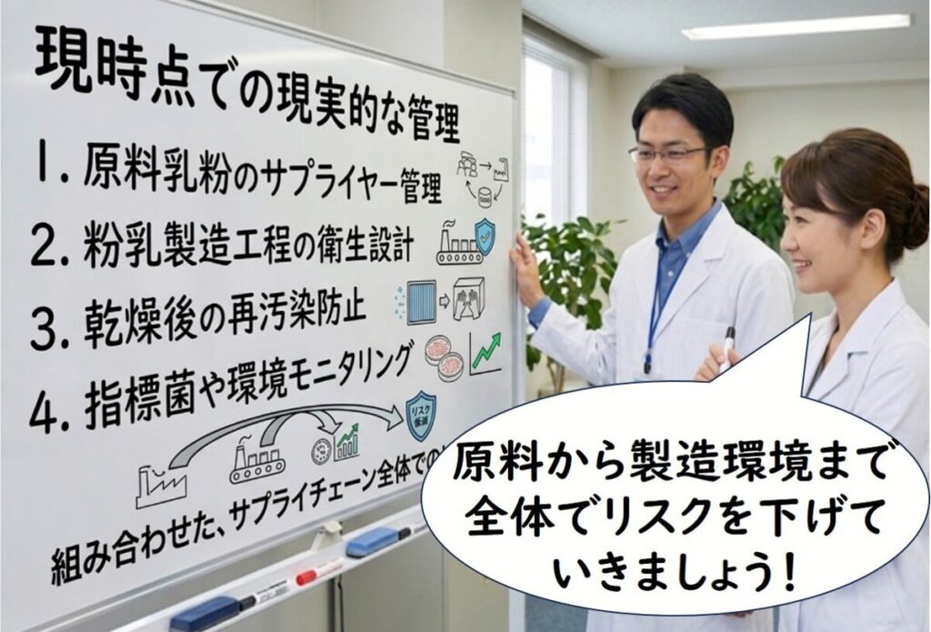 原料乳粉のサプライヤー管理、粉乳製造工程の衛生設計、乾燥後の再汚染防止、指標菌や環境モニタリングを組み合わせて、サプライチェーン全体でリスクを低減する管理方法を示す図。